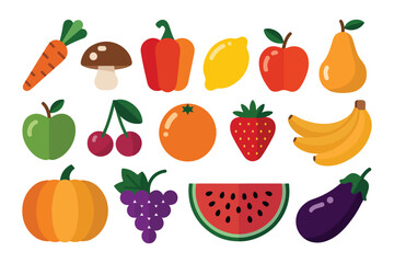 Colorful flat design illustrations of fruits and vegetables