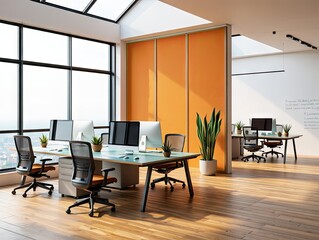Fototapeta premium Modern office workspace with large windows, orange partition, and ergonomic chairs.