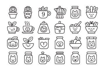 Cute line art icons of food and objects