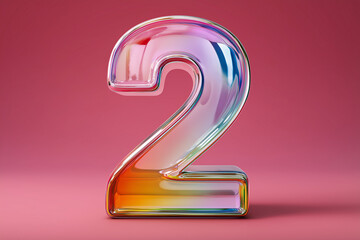 Transparent Glass Number Two With Glossy Reflective Surface on Pink Background
