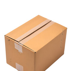 Tan Cardboard Box Sealed with Clear Tape Isolated on Black Background Showing Top and Side View Slightly Angled Rectangular Package Delivery Shipping Carton