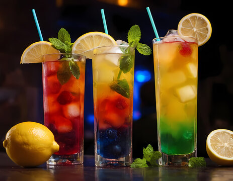 Summer fresh cold drink, Refreshment multicolor fruit cocktail with ice, lemon and mint in a bar, night club party with soft drinks