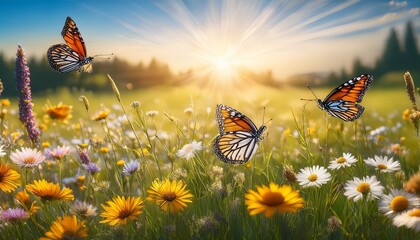 sunlit meadow with butterflies and wildflowers a summer s day