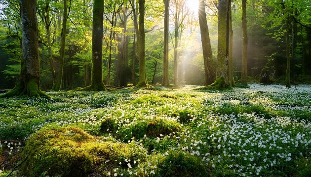 sunbeams illuminate a verdant forest floor carpeted with delicate white blossoms and lush green moss