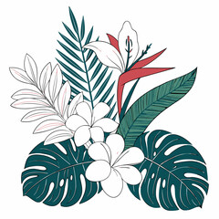 Tropical flowers, palm leaves, jungle leaves, bird of paradise flower, hibiscus, plumeria. Vector flat exotic illustrations	
