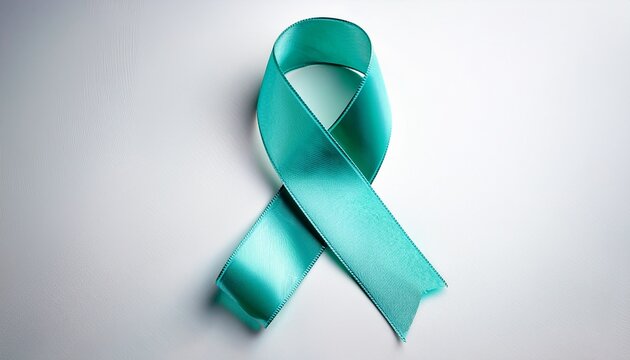 a teal ribbon symbol on a white background representing awareness for ovarian cancer support cause ribbon