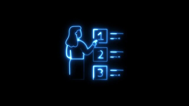 Animated neon outline of a woman pointing at numbered list elements
