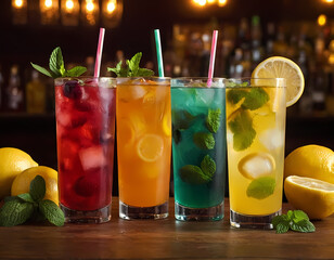 Summer fresh cold drink, Refreshment multicolor fruit cocktail with ice, lemon and mint in a bar, night club party with soft drinks