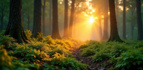 Fototapeta premium Sunrise paints woodland floor gold, mist clings to ferns , wild, leaves, Sunrise