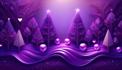purple violet abstract background christmas illustration with trees and hearts