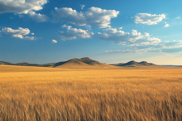 Field of wheat in Palos, California; golden stalks sway in the breeze under a clear blue sky, capturing a serene agricultural vista.