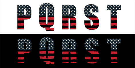 Vector font on background of national flag of usa.
A set of letters of english alphabet with
american pattern of stars and stripes for
clothing, fabric, textile, paper, inscription on t-shirt.