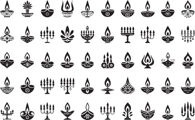Minimal Diwali Lamp Icons – Black Candle and Oil Lamp Symbol Collection

