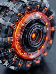 Abstract futuristic circular technological device with glowing orange details.