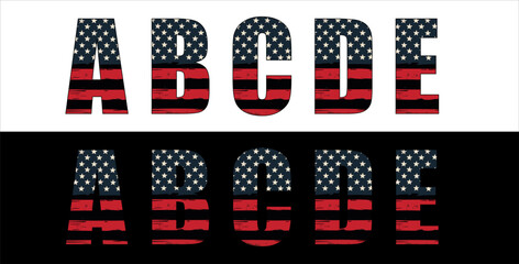 Vector font on background of national flag of usa.
A set of letters of english alphabet with
american pattern of stars and stripes for
clothing, fabric, textile, paper, inscription on t-shirt.