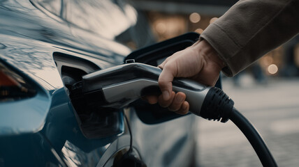 Hand Plugging Charging Cable Into Electric Vehicle in Urban Setting at Daytime
