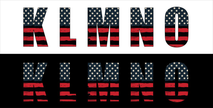 Vector font on background of national flag of usa.
A set of letters of english alphabet with
american pattern of stars and stripes for
clothing, fabric, textile, paper, inscription on t-shirt.