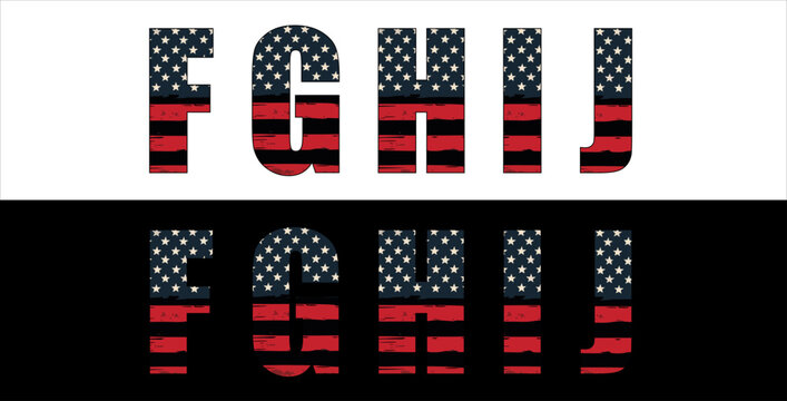 Vector font on background of national flag of usa.
A set of letters of english alphabet with
american pattern of stars and stripes for
clothing, fabric, textile, paper, inscription on t-shirt.