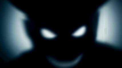 A man awakens terrified in bed as a demonic shadow figure with horns approaches his bedroom door in a nightmare sequence concept footage.