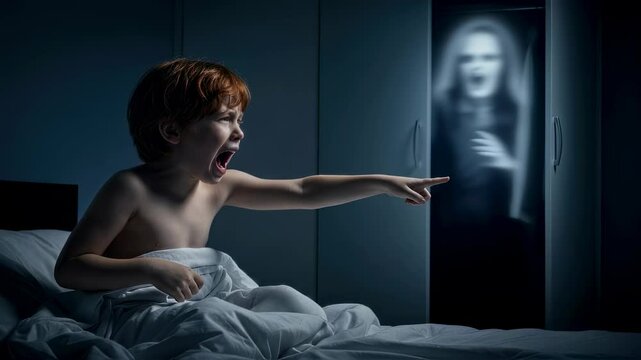 Young boy with red hair screaming from bed while pointing at a shadowy monster in a closet. Scary nightmare footage.