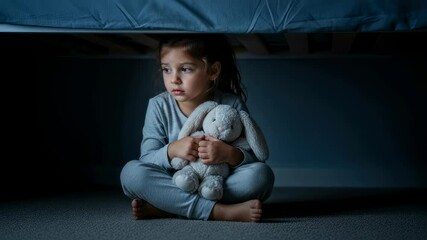 A young girl hides under the bed at night, holding a stuffed animal for comfort as she experiences fear and nightmares, footage.