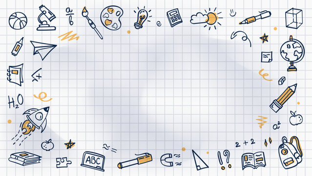 School background with doodle frame of hand drawn education elements on white crumpled checkered notebook paper. Sketch border, creative banner template for back to school theme, education concept.
