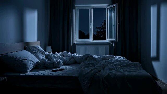 Empty bedroom at night with an open window, an unmade bed, and moonlight entering the dark room for a nightmare concept video.