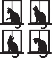 Cat Sitting on Windowsill – Black and White Silhouette Vector,
Silhouette of Curious Cat on Window Ledge – Isolated on White,
Calm Cat on Windowsill – Decorative Vector Silhouette Illustration