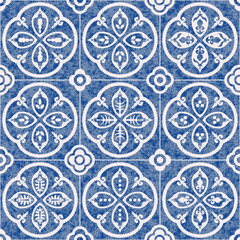 Vector Seamless pattern of blue and white tiles with watercolor texture, geometrical and floral ornaments 