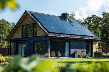 Obraz premium House with solar panels on roof, surrounded by trees under clear blue sky.