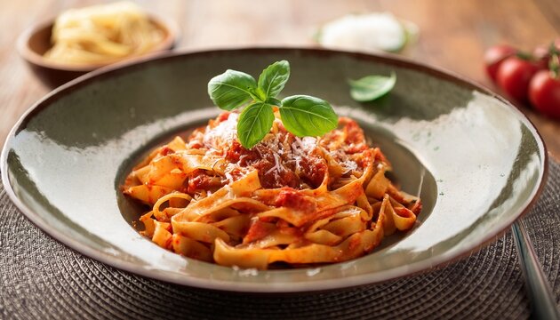 delectable rustic pasta dish featuring handmade tagliatelle in a rich tomato sauce garnished with fresh basil and parmesan cheese for an authentic italian culinary experience