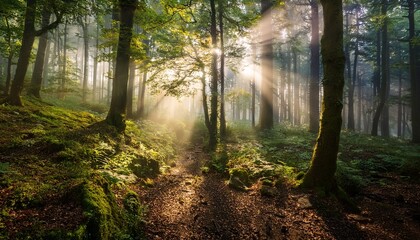 Obraz premium enchanted forest sunbeams piercing through misty woods