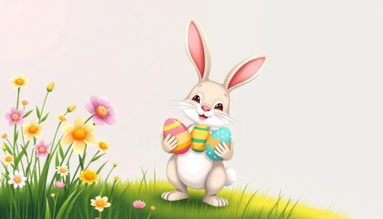 Obraz premium Whimsical Easter bunny with painted eggs in a cheerful meadow setting