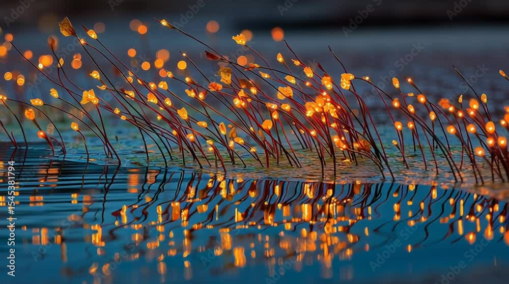 Wall mural high-resolution macro photo of delicate reeds swaying in shallow river current, thin water threads w