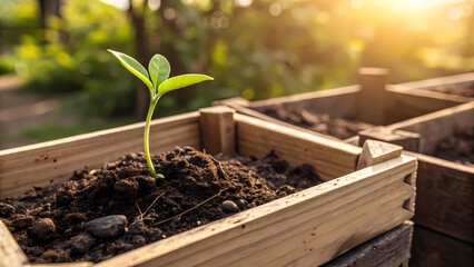 Seedling growing in wooden planter box gardening and new life concept with sunlight background in spring time