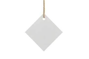 White square label dangling from string against transparent backdrop, ready for personalized text or graphic insertion
