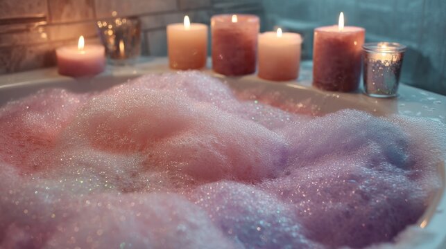 Relaxing bubble bath with candles