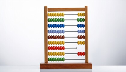 colorful glass abacus resting on wooden base on white background