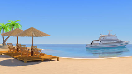 Wooden umbrellas with thatched roof, sun loungers, wooden decking and palm trees on a sandy beach by the sea with a white modern yacht sailing on it. 3d illustration on a blue sky background