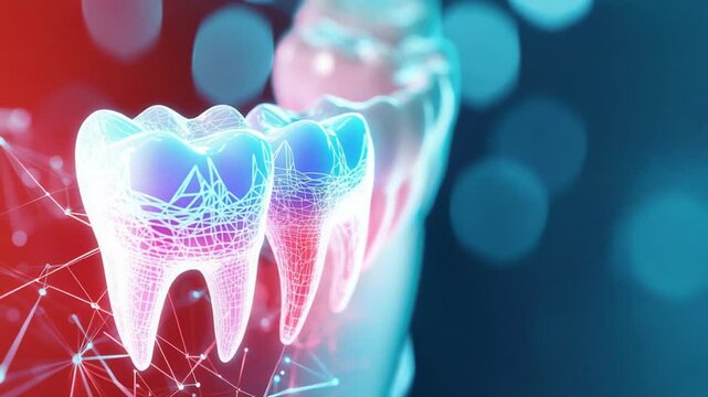 Digital illustration of healthy teeth with a glowing effect against a blue background