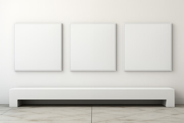 Three square white frames above modern bench in minimal white gallery room, white frames mockup.