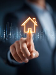 A man uses a virtual house icon to analyze mortgage loan, insurance, interest rates, investment planning, and business real estate, illustrating the concept of real estate investment.