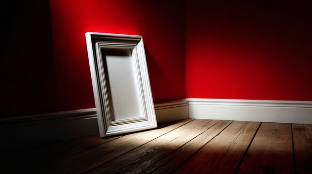 Two tilted white frames leaning on red gallery wall with dramatic lighting, white frames mockup.