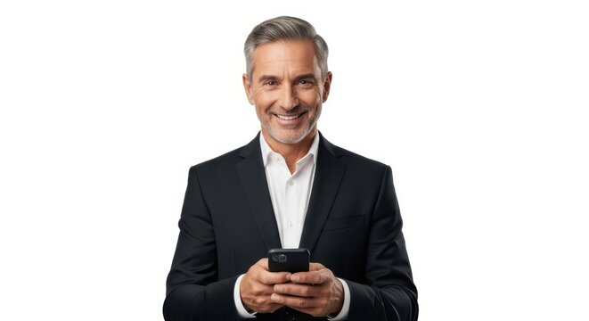 Confident Middle-Aged Man Using Smartphone, Business Professional Portrait