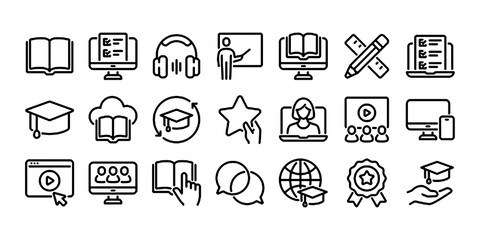 Education, seminar, online learning, webinar editable stroke outline icons set isolated on white background flat vector illustration