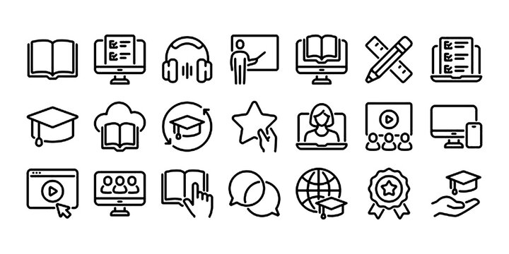 Education, seminar, online learning, webinar editable stroke outline icons set isolated on white background flat vector illustration