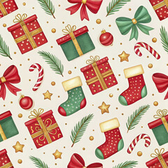 Festive Christmas elements create a cheerful and colorful seamless pattern against a light background