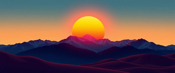 Abstract sun & moon over minimalist mountain range, boho style vector art,  contemporary,  serene