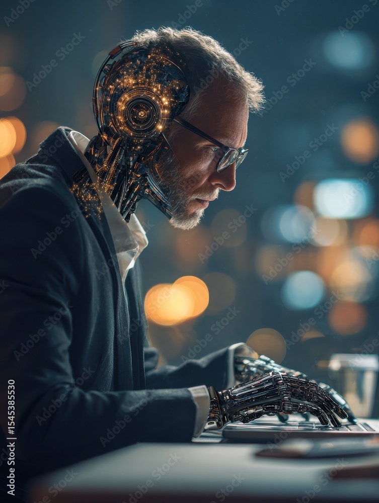 Poster business professional using a laptop with artificial intelligence interface. futuristic digital tech