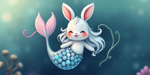 Adorable bunny mermaid with flowing seaweed hair, iridescent tail, and playful expression,   graphics,   cartoon